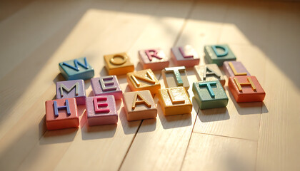 Colorful alphabet blocks spelling “HEALTH” arranged on a wooden surface, early sunlight streaming in, 4k