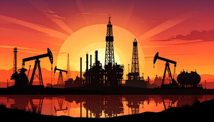 Silhouette oil rig sunset landscape