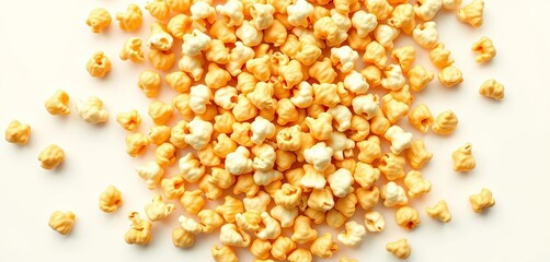 Fluffy, golden popcorn kernels scattered on white background,   butter,   tasty
