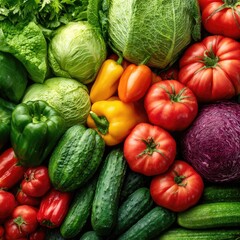 A vibrant arrangement of fresh vegetables, showcasing a colorful display of cabbages, peppers, tomatoes, and cucumbers.