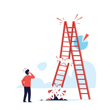 Business strategy failure person facing broken ladder symbolizing unachievable goals and poor planning