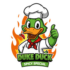 Cartoon duck chef with chili pepper, wearing a chef's hat and giving a thumbs up.