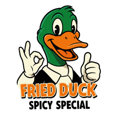Cartoon duck logo for a restaurant called Fried Duck Spicy Special, showing a duck giving a thumbs up and an okay sign.