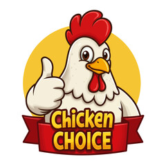 Cartoon illustration of a white chicken with a red comb and a thumbs-up gesture, with the words 'Chicken Choice' on a red banner.
