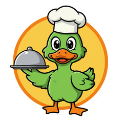 An adorable cartoon green duck character dressed as a chef, holding a silver food cloche on a tray.