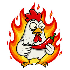 Cartoon chicken engulfed in flames, holding a hot red chili pepper with a surprised expression, on a white background.