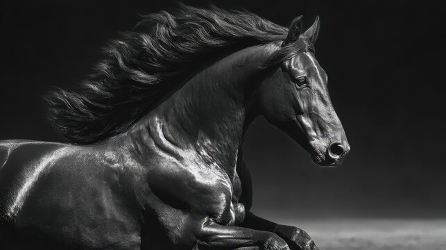 Majestic black horse galloping with flowing mane against a dark background at dusk