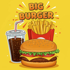A colorful cartoon illustration of a classic fast food meal with a big cheeseburger, french fries, and a soda.