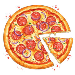 Vibrant watercolor illustration of a whole pepperoni and red onion pizza with a single slice removed, showing melted cheese.