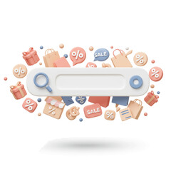 3D rendered search bar with shopping icons and sale symbols.