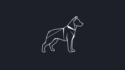 Geometric line art illustration of a standing dog with a collar, depicted in white against a dark background.