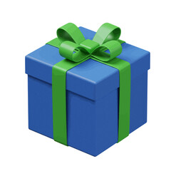 Close-up of a blue gift box with a green ribbon and bow.
