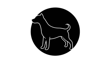 Silhouette of a dog standing inside a black circular shape, white background.