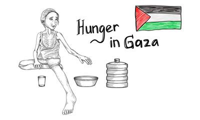 Sketch of a poor Palestinian child with a thin body due to hunger, an empty bowl and a gallon without water. Famine disaster. Hunger Starvation. Children sad with empty glass and bowls. Starving Gaza.
