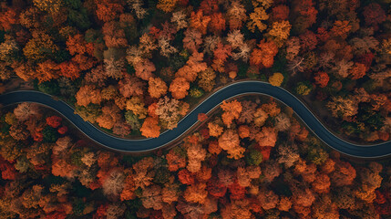 Aerial cinematic 4K view winding road through autumn forest colorful trees nature landscape stunning high detail