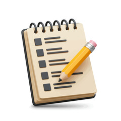 3D rendering of a notepad with a checklist and a yellow pencil, ready to write.
