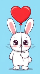 Obraz premium A charming white rabbit holds a large red heart-shaped balloon, showcasing a delightful and cheerful artistic style.