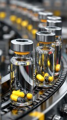 Vials filled with capsules moving along a production line in a pharmaceutical facility during daytime operations