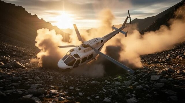 Helicopter Crashing into Rocky Mountain Terrain During Sunset with Dust and Debris Flying