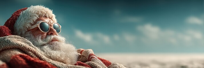 Santa Claus relaxing on a beach with sunglasses and a knitted blanket during the holiday season