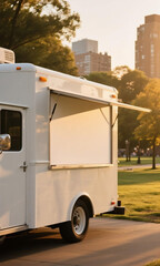 A blank white food truck stands ready for business in a tranquil city park during a beautiful golden hour sunset, offering a perfect advertising mockup