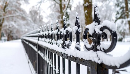 Snowy metal fence in park