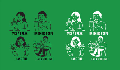 Fototapeta premium Take a break. Vector illustrations line art of people enjoying free time, drinking coffee, daily routine, invitation to hang out, for social media stickers