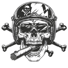 Skull Biker with Helmet and Cigar Monochrome Vector