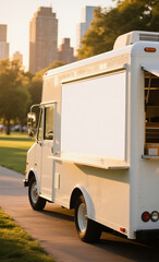 Blank white menu board on a food truck in an urban park setting during golden hour, ready for branding