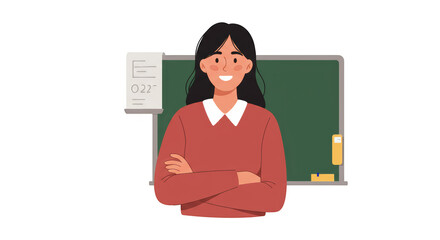 Confident female teacher standing before a classroom chalkboard detailed illustration featuring female, lecturer, crossed, academy, standing, school concept