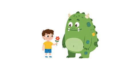 Cute Boy Giving Flower to Friendly Monster detailed illustration featuring fun, design, kid, kindness, affection, small concept design