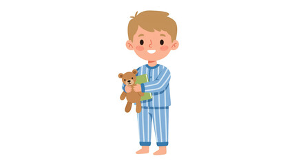 Cute Boy in Pajamas Holding Teddy Bear and Book detailed illustration featuring toddler, warmth, artwork, affection, childhood, elementary
