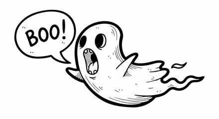 Scary hand drawn cartoon flying ghost shouting boo in a speech bubble. Spooky black and white phantom illustration for Halloween design
