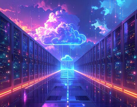 Envisioning cloud computing network with ethereal ambiance and cosmic data stream