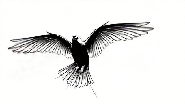 Black and white bird in flight against white background