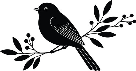 Black and white vector illustration of a bird perched on a leafy branch with berries, ideal for nature and wildlife design