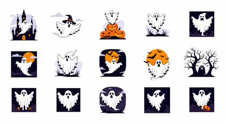 Fototapeta premium A delightful collection of hand drawn cartoon flying ghost characters and spooky spectral spirits for Halloween night, perfect for various festive designs and creepy season illustrations