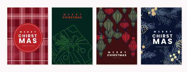 Christmas and Happy holiday greeting card vector set. Elegant wallpaper with pine leaves, gift, bauble, pinecone. Holidays design illustration for cover, print, poster, Happy New Year, ads.