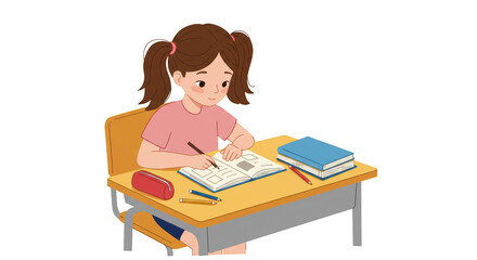 Cute cartoon student doing her homework at her desk detailed illustration featuring classroom, writing, isolated, learning, schoolgirl, thinking