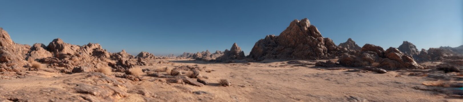 Breathtaking hdr panoramic landscape of rocky desert terrain captured in high definition clear blue sky environment
