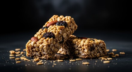 Two granola bars with oats, nuts, and dried fruit, with crumbs scattered on a dark surface