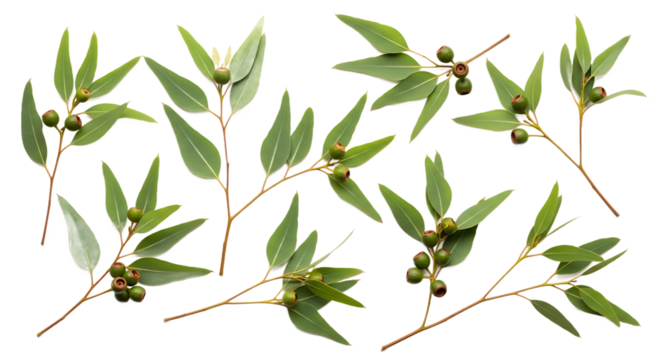 Multiple fresh green eucalyptus branches with vibrant leaves and developing seed pods, artfully isolated on a clean white background, perfect for natural and botanical design projects