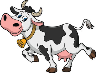 Cartoon cow with cheerful expression, black and white patches, bell collar, and prancing pose for farm animal illustrations, children’s content, and playful design