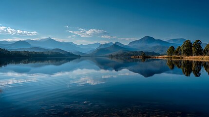 Obraz premium Scenic lake reflecting mountains and trees on a sunny day with blue sky