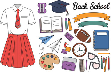 Back to school cartoon icon set with uniform, supplies, lunchboxes, and learning tools for educational content, classroom design, and student-themed illustrations