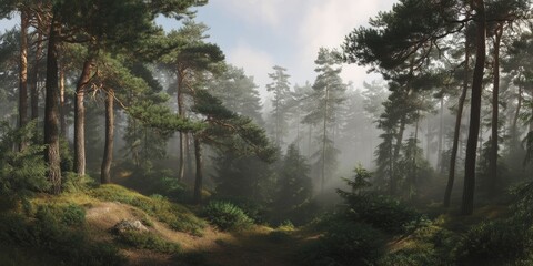 Fototapeta premium Misty forest path nature hdr panoramic view