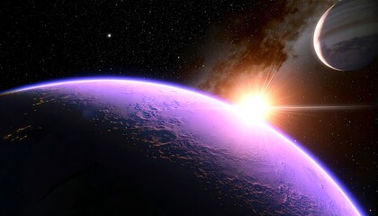 Space sunrise over a purple planet