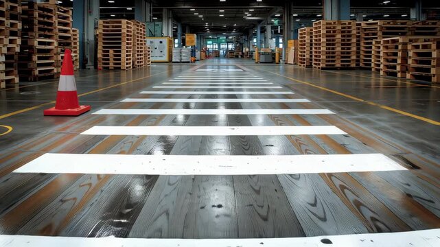 Warehouse aisle crosswalk safety with forklift and pedestrian lane traffic, floor stripes and wet concrete industrial warehouse floor safety arrow