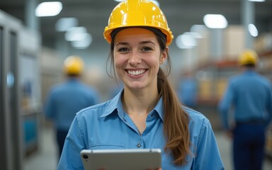 Portrait of female food factory supervisor using tablet and smiling at the camera. High quality