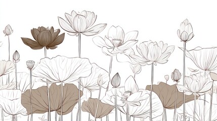 Line drawing of lotus flowers and leaves, beige and white, horizontal composition